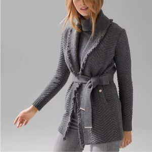 White House Black Market Fringe Shawl Sweater Coat Grey Pockets Belt Sz S